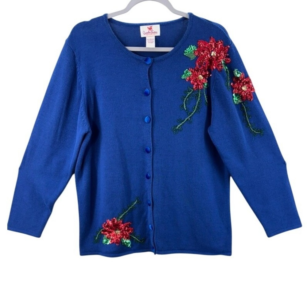 Quacker Factory Cardigan Womens Large Blue Poinsettia Sequin Floral Christmas
